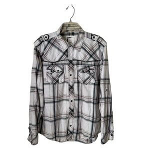 BKE Slim & Stretch Large Plaid Striped Pearl Snap Button Front Shirt Wes…